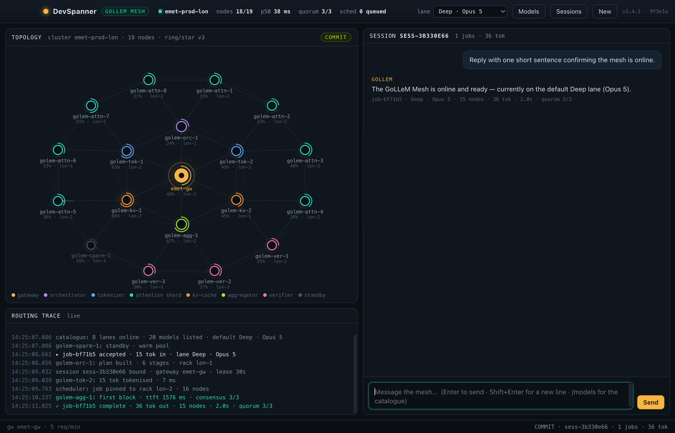 The DevSpanner console: the mesh view showing a simulated network on the left, a routing trace beneath it, and a chat panel on the right with a reply from GoLLeM.